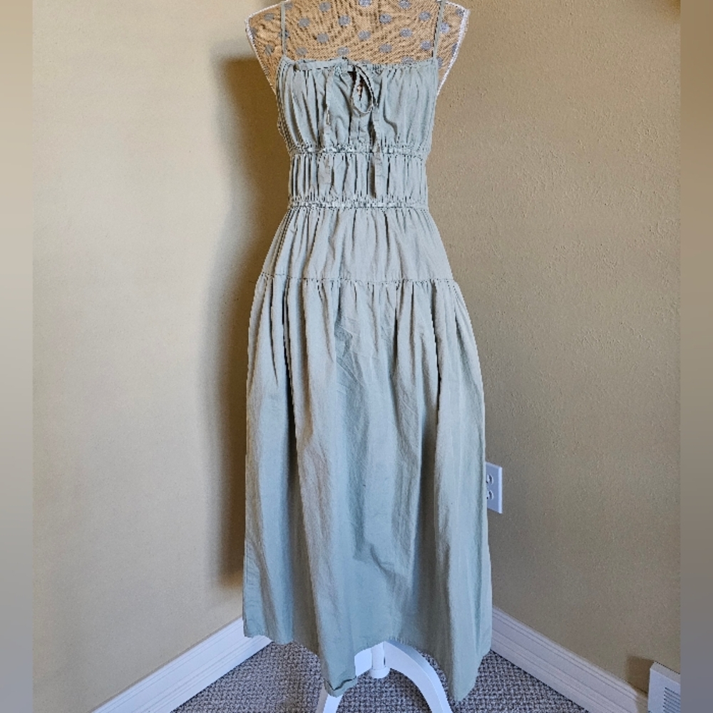 Sim & Sam Sage Green Milkmaid Poplin Midi Gathered Maxi Dress 100% Cotton Small